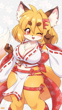 accessory anthro armwear asian_clothing big_breasts blonde_hair bottomwear breasts chest_tuft circle_eyebrows claws cleavage clothed clothing detached_sleeves east_asian_clothing eyebrow_through_hair eyebrows female floral_background flower fox_hand_gesture fur hair hair_accessory hairclip japanese_clothing kemono loincloth miko_outfit one_eye_closed open_mouth open_smile pawpads plant red_eyes smile solo translucent translucent_hair tuft wink yellow_body yellow_fur giraffe_(artist) foxy-rena canid canine fox mammal absurd_res hi_res