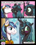 blush dialogue duo eyelashes eyes_closed female feral green_eyes half-closed_eyes horn kiss_on_lips kissing male male/female narrowed_eyes smile text empressbridle friendship_is_magic hasbro my_little_pony mythology queen_chrysalis_(mlp) shining_armor_(mlp) arthropod changeling equid equine mammal mythological_creature mythological_equine unicorn 2020 digital_media_(artwork) english_text