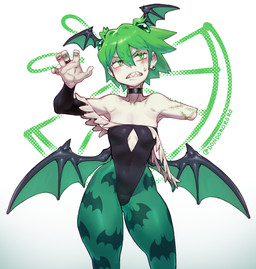 5_fingers amputee blush bodily_fluids breasts clothing collar colored_nails cosplay disability ear_piercing ear_ring female fingers food fruit green_hair green_nails hair lime membrane_(anatomy) membranous_wings nails not_furry piercing plant ring ring_piercing simple_background small_breasts solo sweat teeth white_background wings taiikodon capcom darkstalkers fan_character lilith_aensland demon humanoid winged_humanoid