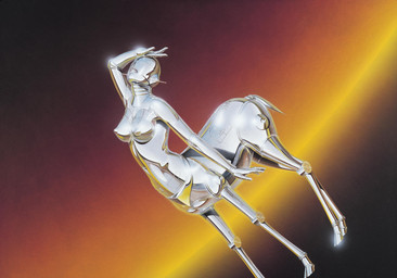 antenna_wire breasts dutch_angle eyeless female grey_body hand_on_head hooves looking_up machine metallic_body navel nipples nude orange_background simple_background solo standing tail teeth hajime_sorayama european_mythology greek_mythology mythology sexy_robot_(hajime_sorayama) centaur equid equid_taur humanoid_taur mammal mammal_taur robot taur 1982 absurd_res hi_res traditional_media_(artwork)