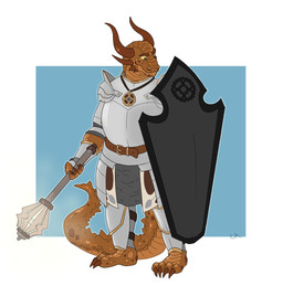 anthro armor biped blacksmith bottomwear breastplate brown_body cleric clothing horn male melee_weapon musclegut muscular muscular_anthro muscular_male pants scales shield smile solo tail weapon chestmimic dungeons_and_dragons hasbro wizards_of_the_coast vulcan_(mike) dragonborn_(dnd) scalie