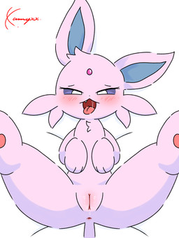 anus bed black_nose blue_inner_ear blush bodily_fluids female feral fur furniture genital_fluids genitals humanoid_genitalia humanoid_genitalia_on_feral humanoid_vulva humanoid_vulva_on_feral looking_at_viewer narrowed_eyes on_bed open_mouth paws pink_anus pink_body pink_ears pink_fur pink_tail pink_vulva purple_eyes saliva saliva_on_tongue simple_background solo spread_legs spreading tail teeth tongue tongue_out vaginal_fluids vulva white_background conditional_dnp xammyxx nintendo pokemon eeveelution espeon generation_2_pokemon pokemon_(species) 2026 3:4 digital_media_(artwork) hi_res ibispaint_(artwork) shaded signature watermark