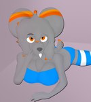 anthro blue_bra blue_clothing blue_legwear blue_thigh_highs blue_underwear bra breasts buckteeth chest_tuft chinchilla chinchillid clothing conditional_dnp female fur grey_body grey_fur gusta gusty_(gusta) hair herm_(lore) hi_res legwear lying mammal on_front orange_eyes pattern_clothing pattern_legwear pattern_thigh_highs rodent solo striped_clothing striped_legwear striped_thigh_highs stripes tail teeth thigh_highs tuft underwear