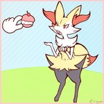 anthro breasts chest_tuft dipstick_tail disembodied_hand fangs female fur holding_out_hand inner_ear_fluff markings poke_puff red_eyes red_nose small_breasts solo tail tail_markings teeth tuft yellow_body yellow_fur johnsierra nintendo pokemon braixen generation_6_pokemon pokemon_(species) hi_res