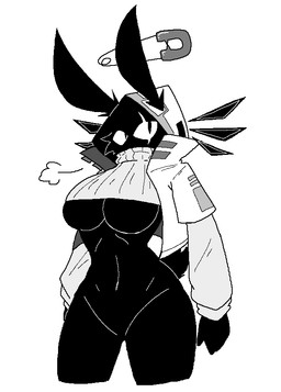 anthro big_breasts biped black_body black_fur black_tail bodily_fluids bottomless breasts cheek_tuft clothed clothing facial_tuft featureless_breasts featureless_crotch female fur hoodie scar short_tail simple_background solo standing sweat tail thick_thighs topwear tuft under_boob white_background wide_hips sabgong veil_(sabgong) lagomorph leporid mammal rabbit monochrome