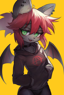 anarchy_symbol anthro bat_wings breasts choker clothed clothed_anthro clothed_female clothing cute_fangs ear_piercing ear_ring fangs female female_anthro green_eyes hair half-closed_eyes hand_in_pocket hoodie jewelry kemono looking_at_viewer membrane_(anatomy) membranous_wings narrowed_eyes necklace piercing pockets red_hair ring_piercing smug solo teeth topwear wings gilmang bat mammal 2022 absurd_res digital_media_(artwork) hi_res portrait three-quarter_portrait