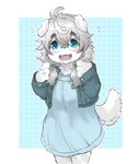 accessory ahoge anthro biped blue_clothing blue_dress blue_eyes blush claws clothed clothing dotted_background dress eyewear female female_anthro finger_claws floppy_ears fluffy fluffy_ears fluffy_tail front_view fully_clothed fur glasses grey_clothing grey_hair grey_jacket grey_topwear hair hair_accessory happy jacket kemono looking_at_viewer monotone_body monotone_fur monotone_hair open_clothing open_jacket open_mouth open_smile open_topwear pattern_background paws pigtails pupils simple_background smile solo standing tail teeth tongue topwear white_pupils young young_anthro young_female koishi_chikasa canid canine canis domestic_dog mammal absurd_res digital_media_(artwork) hi_res portrait three-quarter_portrait