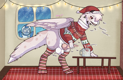 3_toes 5_fingers albino animal_genitalia ball_tuft balls being_watched big_balls big_penis biped bipedal_feral black_horn blue_clothing blue_gloves blue_handwear blush bodily_fluids bottomless breath christmas_clothing christmas_headwear christmas_sweater christmas_topwear clothed clothing countershade_tail countershading cum cum_drip cum_in_a_cup cum_in_container cumshot detailed_background dripping duo ear_piercing ear_ring ejaculation erection excessive_cum excessive_genital_fluids eyebrows eyelashes eyeliner feathered_wings feathers feet femboy feral fingers floor footwear fur furniture genital_fluids genitals gloves half-closed_eyes handwear hat head_tuft headgear headwear heart_(marking) holidays horn inside jug knot knotted_penis knotted_tapering_penis legwear lights looking_at_another looking_down makeup male markings masturbation mistletoe moan motion_lines multi_horn multicolored_clothing multicolored_footwear multicolored_socks multicolored_sweater multicolored_topwear narrowed_eyes onomatopoeia open_mouth orgasm pattern_clothing pattern_footwear pattern_legwear pattern_socks penile penile_masturbation penis piercing pink_body pink_feathers pink_fur pink_penis pink_tongue plant red_eyes retracted_balls ring_piercing rug santa_hat scrotum_flap semi-anthro sharp_teeth sheath sheath_tuft snow snowing snowing_outside socks solo_focus sound_effects space_helmet spacesuit spots spotted_body spotted_fur striped_clothing striped_footwear striped_socks stripes sweater table tail tapering_penis teeth text thigh_highs toes tongue topwear tuft vowelless vowelless_sound_effect white_balls white_body white_fur white_sheath window wings wood wood_floor pussypillbugs christmas electronic_arts maxis_(ea) mythology spore_(game) anon anonymous davie_(nekoisopods) aegiri alien dragon furred_dragon furred_scalie human mammal mythological_creature mythological_scalie scalie 2025 cel_shading english_text hi_res shaded watermark