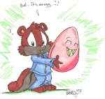 anthro big_eyes big_head black_eyes buckteeth clothing egg grin holding_object male pajamas question_mark smile solo tail teeth toony unknown_artist animaniacs warner_brothers babs skippy_squirrel mammal rodent sciurid tree_squirrel 2003