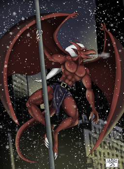abs anthro belt bottomwear claws clothed clothing featureless_chest hair horn humanoid_pointy_ears loincloth loincloth_only male membrane_(anatomy) membranous_wings pointy_ears red_body smile snow solo tail toe_claws topless white_hair wings batcanuck929 disney gargoyles brooklyn_(gargoyles) gargoyle scalie absurd_res hi_res