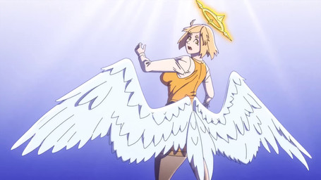 5_fingers ahoge big_breasts blonde_hair bouncing_breasts breasts clothing feathered_wings feathers female female_humanoid fingers flapping_wings gradient_background hair halo hip_wings looking_back not_furry purple_background shirt short_hair simple_background solo standing topwear unusual_wing_placement white_clothing white_shirt white_topwear white_wings wings yellow_clothing yellow_eyes yellow_shirt yellow_topwear randomtanstudio holly_greatman_(randomtanstudio) angel angel_humanoid humanoid 16:9 animated hi_res no_sound short_playtime video widescreen