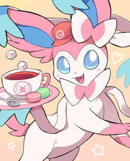 ambiguous_gender beverage blue_eyes clothing container cookie cup cute_fangs fangs feral food happy hat headgear headwear macaron_(food) markings open_mouth open_smile paws pink_markings pink_tail quadruped ribbons_(anatomy) simple_background smile solo sugar sugar_cube tail tea tea_cup teeth white_body komanyachi nintendo pokemon eeveelution generation_6_pokemon pokemon_(species) sylveon cel_shading colored digital_drawing_(artwork) digital_media_(artwork) hi_res shaded