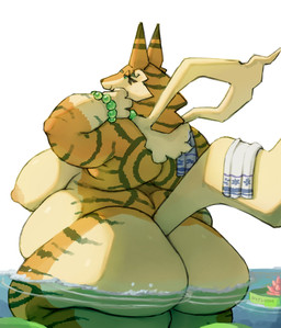 anthro back_fat beads belly big_belly big_breasts big_butt breasts butt eyelashes female fur fur_markings huge_breasts huge_butt lily_pad markings nude overweight overweight_anthro overweight_female partially_submerged plant side_belly side_boob smile solo striped_body striped_fur stripes towel water hyploom cass_(hyploom) canid canine fox mammal 2026 hi_res