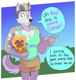 anthro black_eyes black_text blue_background blue_speech_bubble bottomwear brown_body brown_fur clothed clothing crossdressing crossdressing_male curly_hair dialogue fangs fur gradient_background green_clothing green_shirt green_tank_top green_topwear grey_body grey_fur grey_hair hair holding_object holding_plushie male muscle_tone muscular muscular_anthro muscular_male pecs pink_text plant plushie public red_line_art shirt shorts shrub simple_background smile solo speech_bubble tail tan_bottomwear tan_clothing tan_hair tan_highlights tan_shorts tank_top teeth text topwear heresvix dani_(heresvix) henri_(heresvix) bovid canid canine canis caprine mammal wolf 2025 colored_line_art english_text guide_lines hi_res promotional_material