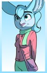 abstract_background anthro blue_background blue_body blue_eyes blue_fur blue_hair bottomwear breasts button_(fastener) closed_smile clothing eyebrows eyelashes female fur gradient_background green_bottomwear green_clothing green_pants green_scarf hair handbag hands_behind_back jacket long_ears long_hair looking_up mouth_closed multicolored_body multicolored_fur pants pink_nose red_clothing red_jacket red_topwear scarf simple_background smile solo standing three-quarter_view topwear white_sclera conditional_dnp tangerine_(artist) kirsche_(cherrypixelbun) lagomorph leporid mammal rabbit 2025 digital_drawing_(artwork) digital_media_(artwork) hi_res portrait three-quarter_portrait trans_(lore) trans_woman_(lore)