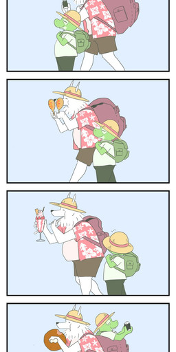 anthro backpack belly big_belly black_nose bottomwear clothing duo eating food green_body hat headgear headwear kemono male overweight overweight_male shirt shorts straw_hat topwear walking weight_gain white_body panda_po amphibian canid canine canis domestic_dog frog mammal 2023 hi_res