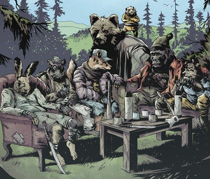 alcohol anthro axe beverage detailed_background forest fur furniture group male melee_weapon nature plant sitting table tea tree tribe weapon wounded reine_rosenberg mutant:_genlab_alpha mutant:_year_zero mutant_(franchise) ape bear canid canine canis fox gorilla haplorhine lagomorph leporid mammal primate rabbit rodent wolf