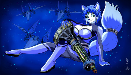 5_fingers anthro arwing big_breasts blue_body blue_clothing blue_fur blue_nose bodysuit breasts claws cleavage clothed clothed_anthro clothed_female clothing countershading female finger_claws fingers fur gatling_gun gun huge_breasts humanoid_hands machine_gun multicolored_body multicolored_bodysuit multicolored_clothing multicolored_fur multicolored_skinsuit ranged_weapon skinsuit solo teal_eyes tight_clothing two_tone_body two_tone_bodysuit two_tone_clothing two_tone_fur two_tone_skinsuit weapon white_body white_countershading white_fur ghostinhood nintendo star_fox krystal_(star_fox) canid canine fox mammal hi_res