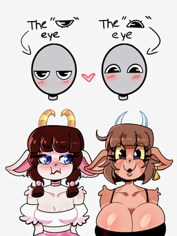 anthro bangs big_breasts blue_eyes blush blush_lines bovid_horn braided_hair breasts brown_body brown_fur caprine_horn choker clothing curved_horn duo eyebrows female female/female freckled_shoulders freckles fur goat_horn hair horn huge_breasts jewelry lips lipstick makeup meme_pose messy_hair necklace purple_eyes red_hair shirt short_hair small_breasts smile tank_top thick_eyebrows thick_lips tight_clothing topwear white_body white_fur yellow_sclera raccoon_sama animal_crossing nintendo chevre_(animal_crossing) pashmina_(animal_crossing) bovid caprine goat mammal hi_res meme