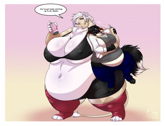 4_toes 5_fingers anthro belly big_belly big_breasts big_butt black_body black_fur black_hair black_lips black_nose border bottomwear bra breasts butt carrying_another clothed clothing dialogue duo ear_piercing ear_ring eating feet female fingers food fur hair huge_belly huge_breasts huge_butt humanoid_hands hyper hyper_belly hyper_breasts legwear lips male morbidly_obese navel neck_tuft nipple_outline obese obese_female open_mouth overweight overweight_female piercing pink_eyes pink_lips pink_nose red_eyes ring_piercing simple_background speech_bubble standing teeth text thick_thighs toes tongue topwear tuft underwear weight_gain white_body white_border white_fur white_hair wide_hips yellow_body yellow_fur biglovealicia zula_(biglovealicia) canid canine felid fox lion mammal pantherine 2015 digital_media_(artwork) english_text