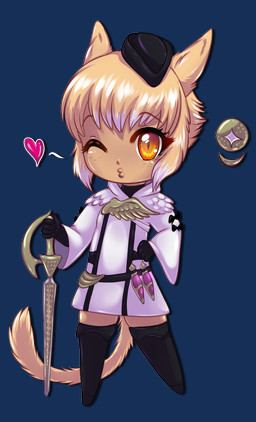 blonde_hair cat_tail chibi clothing hair hat headgear headwear heart_symbol kissing male melee_weapon orange_eyes simple_background solo sword weapon rukifox final_fantasy final_fantasy_xiv square_enix animal_humanoid cat_humanoid felid felid_humanoid feline feline_humanoid humanoid mammal mammal_humanoid miqo'te alpha_channel
