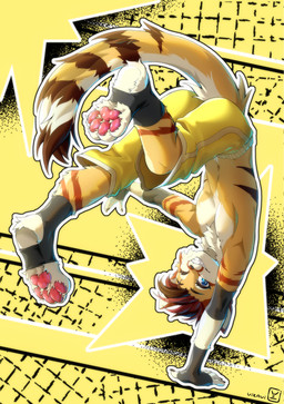 4_toes anthro blue_eyes bottomwear clothing dancing feet footwear fur long_tail male pawpads paws pink_pawpads plantigrade red_body red_fur red_wool shorts socks soles solo stirrup_socks striped_wool tail toes wool_(fur) yellow_bottomwear yellow_clothing yellow_shorts vikavi0122 domestic_cat felid feline felis mammal absurd_res hi_res