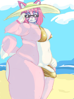 anthro areola beach belly big_breasts big_butt bikini bikini_bottom bikini_top breasts bulge butt clothed clothing erection eyewear fur genitals gold_bikini gynomorph hair hat headgear headwear humanoid_genitalia intersex looking_at_viewer multicolored_body navel nipples organs overweight overweight_gynomorph overweight_intersex penis pink_areola pink_body pink_fur pink_hair solo stomach stretched_clothing sun_hat sunglasses swimwear tail two-piece_swimsuit white_penis pickleticklr golden_week cherry_(pickleticklr) canid canine mammal 3:4 absurd_res colored_sketch guide_lines hi_res sketch