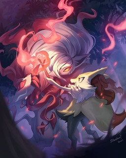 ambiguous_gender anthro black_body black_fur claws dipstick_tail duo fire forest fur grass grey_body grey_ears grey_fur inner_ear_fluff markings plant red_body red_eyes red_fur red_inner_ear_fluff red_nose red_tail_tip tail tail_markings tree tuft white_body white_fur yellow_body yellow_ears yellow_fur yellow_sclera yellow_tail hoishere7 nintendo pokemon braixen generation_6_pokemon generation_8_pokemon hisuian_form hisuian_zoroark pokemon_(species) regional_form_(pokemon) 2026 absurd_res hi_res