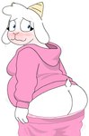 anthro big_butt blush bodily_fluids bottomwear bottomwear_down butt clothed clothing embarrassed female flashing fur heart_print_underwear hoodie mooning motion_lines overweight overweight_anthro overweight_female pajamas pants pants_down partially_clothed short_tail slightly_chubby solo sweat tail thick_thighs topwear underwear underwear_down white_body white_fur wide_hips unknown_artist nelia_(clover) bovid caprine goat mammal