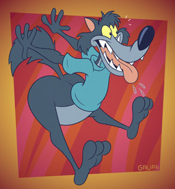 3_toes 4_fingers abstract_background anthro ass_up belly big_butt big_tail biped black_eyes black_nose blue_clothing blue_shirt blue_t-shirt blue_topwear bodily_fluids bottom_heavy bottomless bottomless_anthro bottomless_male bubble_butt butt cheek_tuft clothed clothing curvy_figure drooling excited excited_expression excited_male eye_bags facial_tuft fangs feet fingers floating_eyebrows fluffy fluffy_tail foot_focus fur grey_belly grey_body grey_fur head_tuft huge_butt humanoid_feet humanoid_hands humanoid_heel lines_drawn male mascot midair multicolored_body multicolored_fur open_mouth pattern_background paws pear-shaped_figure pink_inner_ear plantigrade pointy_ears pose raised_tail saliva sharp_teeth shirt shirt_only simple_background snaggle_tooth soles solo splayed_fingers spread_fingers striped_background t-shirt t-shirt_only tail teeth toes tongue tongue_out toony topwear topwear_only tuft two_tone_body two_tone_fur wide_eyed wide_hips yellow_sclera gavanzude teletoon wolf_and_gopher wolf_(wolf_and_gopher) canid canine canis mammal wolf 2025 alternate_version_at_paywall colored digital_drawing_(artwork) digital_media_(artwork) flat_colors hi_res pinup signature