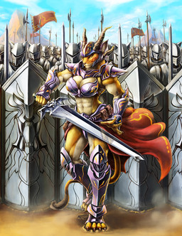 abs anthro armor army bag big_breasts bodypaint breasts cape clothing convincing_weapon detailed_background dust_cloud face_paint female flag group halberd headgear helmet holding_melee_weapon holding_object holding_sword holding_weapon horn horned_helmet knight knight_helmet leg_armor looking_at_viewer melee_weapon metal_helmet mountain muscular muscular_female navel plate_armor polearm shield shoulder_guards sword tail toony unconvincing_armor warrior weapon kiya_(artist) domestic_cat felid feline felis lion mammal pantherine 2011 detailed hi_res