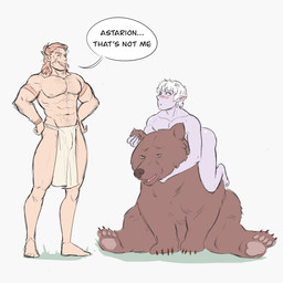 4_toes abs ambiguous_feral ambiguous_gender areola arm_around_neck armband barefoot belly_hair bestiality biceps biped black_eyes black_text blush blush_lines body_hair bottomwear brown_body brown_claws brown_fur brown_nose bulge chest_hair claws clothed clothing deltoids detailed_bulge dialogue ear_rub eye_roll eyebrows feet feral fur group hair hands_on_own_hips humanoid_on_feral humanoid_pointy_ears laying_on_another loincloth long_hair looking_at_another male male/ambiguous male_humanoid muscular muscular_humanoid muscular_male navel nude nude_humanoid nude_male obliques orange_eyebrows orange_hair pawpads pecs petting pink_tongue plantigrade pointy_ears purple_body purple_skin short_hair simple_background sitting snout speech_bubble stubble talking_to_another tan_pawpads teeth text toes tongue topless topless_humanoid topless_male trio white_background white_bottomwear white_clothing white_eyebrows white_hair white_loincloth wide_eyed wristband toxosalvaxe baldur's_gate baldur's_gate_3 larian_studios astarion_(baldur's_gate) halsin_(baldur's_gate) bear brown_bear elf humanoid mammal ursine vampire 1:1 2024 english_text hi_res