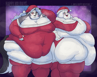 5_fingers anthro back_fat belly belly_overhang big_belly big_breasts big_butt black_nose bodily_fluids breasts butt cellulite christmas_clothing christmas_headwear chubby_cheeks cleavage clothed clothing double_chin duo ear_piercing eyewear fat_arms fat_legs female fingers fur glasses grey_body grey_fur grey_hair hair hat headgear headwear holidays huge_belly huge_breasts huge_butt kiss_mark lipstick looking_at_another makeup mature_anthro mature_female morbidly_obese morbidly_obese_anthro morbidly_obese_female navel_outline nipple_outline obese obese_anthro obese_female open_mouth open_smile overweight overweight_anthro overweight_female piercing red_sclera santa_hat scut_tail sharp_teeth short_tail smile snow snowing stretch_marks sweat sweatdrop tail teeth white_body white_eyes white_fur mfaout christmas hellaverse helluva_boss mythology undertale_(series) loona_(helluva_boss) toriel boss_monster_(undertale) bovid canid canid_demon canine caprine demon goat hellhound mammal mythological_canine mythological_creature 2025 crossover hi_res