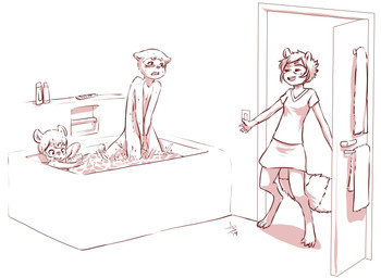anthro bath bathroom bathtub caught_in_the_act clothed clothed/nude clothed_female clothing covering covering_crotch covering_self embarrassed female group male nude water young young_anthro aogami mammal procyonid raccoon 2014 hi_res monochrome red_and_white sketch