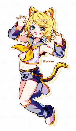 accessory animal_ears arm_tattoo armwear bangs bare_shoulders belt blonde_hair blue_eyes bottomwear clothing colored_nails detached_sleeves electronics female fingernails footwear grey_bottomwear grey_clothing grey_leg_warmers grey_legwear grey_sailor_collar grey_shorts grey_sleeves hair hair_accessory hairpin headgear headphones headset kerchief leg_warmers legwear leopard_tail midriff nails navel neckerchief neckwear number_tattoo sailor_collar shirt shoes short_hair shorts shoulder_tattoo simple_background solo swept_bangs tattoo text topwear white_background white_clothing white_footwear white_shirt white_shoes white_topwear yellow_belt yellow_kerchief yellow_nails yellow_neckerchief yellow_trim d_omm vocaloid yamaha_corporation kagamine_rin animal_humanoid felid felid_humanoid humanoid leopard_humanoid mammal mammal_humanoid pantherine pantherine_humanoid artist_name hi_res