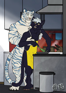 anthro apron black_body black_fur closed_smile clothing cooking duo facial_markings fangs fur green_eyes hair head_markings hug hugging_another hugging_from_behind inside male male_anthro markings mouth_closed muscular muscular_anthro muscular_male nude open_mouth open_smile pink_nose pink_tongue pupils short_hair slim_anthro slim_male slit_pupils smile standing striped_arms striped_body striped_face striped_fur striped_legs striped_markings striped_tail stripes tail tail_markings teeth tongue whiskers white_body white_fur white_hair yellow_apron yellow_clothing yellow_eyes hufnaar domestic_cat felid feline felis mammal pantherine tiger 2024 dated hi_res