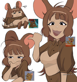 anthro brown_hair crossgender female female_humanoid hair humanoidized laugh mouse_ears mtf_crossgender snickering solo morgzkun i_know_he_ate_a_cheese metro-goldwyn-mayer tom_and_jerry jerry_mouse humanoid mammal mouse murid murine rodent hi_res reference_image