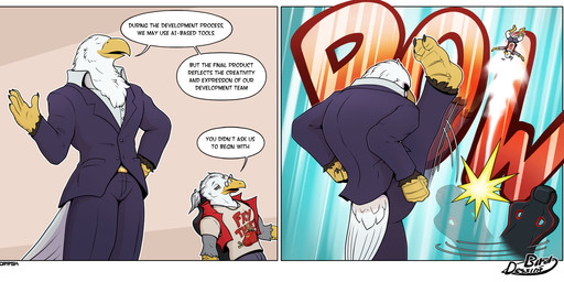 5_fingers ai_generated_media_(subject) anthro beak biped claws clothed clothing dialogue duo eyewear fingers glasses kick male text corrsk accipitrid accipitriform avian bird eagle gull lari larid comic english_text hi_res