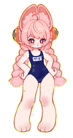 3_toes ahoge anthro barefoot blush braided_pigtails clothed clothed_anthro clothed_female clothing feet female flat_chested fur hair inner_ear_fluff paws pink_body pink_fur pink_hair red_eyes school_swimsuit simple_background solo swimwear toes tuft white_background yamacho mihoyo zenless_zone_zero zhao_(zenless_zone_zero) lagomorph leporid mammal rabbit thiren 2026 full-length_portrait hi_res portrait