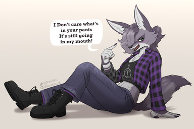 anthro boots bottomwear clothed clothing denim denim_bottomwear denim_clothing female flannel flirting flirting_with_viewer footwear fully_clothed jeans pants shoes sitting solo text kanaloa68 canid canine canis coyote mammal 3:2 english_text hi_res