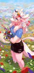 anthro antlers black_hotpants blue_clothing blue_eyes blue_shirt blue_t-shirt blue_topwear blurred_background clothed clothing daisy_(flower) dandelion eyewear female flower fur glasses grass hair hair_over_eye holding_flower holding_object horn meadow narrowed_eyes one_eye_obstructed pink_body pink_fur plant poppy_(flower) purple_flower red_flower round_glasses shirt solo standing t-shirt tail tail_tuft topwear tuft white_antlers white_flower white_hair corzh77 mythology dragon furred_dragon furred_scalie mythological_creature mythological_scalie scalie full-length_portrait hi_res portrait