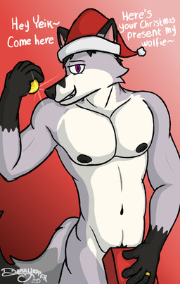 anthro christmas_clothing christmas_headwear clothing covering fur grey_body grey_fur hat headgear headwear holidays looking_at_viewer male muscular muscular_male nipples ring santa_hat simple_background smile solo text darkyapper christmas foxstep canid canine fox mammal digital_media_(artwork) hi_res