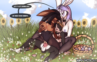 anthro balls breasts bunny_costume clothed clothing costume cum_request egg female female_penetrated flower fur genitals group holidays humanoid_genitalia humanoid_penis impregnation impregnation_request insemination_request male male/female male_penetrating male_penetrating_female nipples penetration penis plant requesting sex sunflower text trio vaginal vaginal_penetration vulva luraiokun easter easter_bunny lagomorph leporid mammal rabbit 2022 english_text