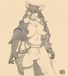 4_fingers anthro areola belt big_breasts big_bulge biped black_areola black_nipples black_pawpads bottomwear breasts bulge chest_tuft claws clothed clothing collar countershade_face countershade_fur countershade_torso countershading detailed_bulge dipstick_ears ear_markings eyelashes finger_claws fingers fluffy fluffy_tail front_view fur genital_outline grey_body grey_fur grey_hair grey_nose gun gynomorph hair handgun heterochromia holster huge_breasts humanoid_hands inner_ear_fluff intersex jacket jewelry long_hair looking_at_viewer midriff monotone_hair multicolored_ears necklace nipples open_clothing open_jacket open_topwear pants partially_clothed pawpads pistol ranged_weapon sheath_outline simple_background smile snout solo standing tail topwear tuft two_tone_ears weapon whiskers white_body white_countershading white_fur white_inner_ear white_inner_ear_fluff nikkyvix niko_(nikkyvix) canid canine fox mammal portrait three-quarter_portrait