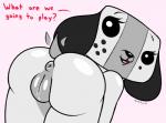 anthro anus black_outline bodily_fluids butt dialogue female genital_fluids genitals glistening glistening_body glistening_butt glistening_genitalia looking_at_viewer nude open_mouth outline pussy simple_background slightly_chubby smile solo tail text vaginal_fluids capital-h nintendo nintendo_switch switch_dog animate_inanimate canid mammal 2017 english_text