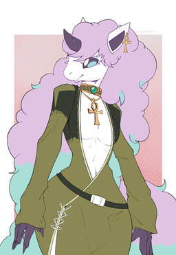 ankh ankh_necklace anthro anthrofied blue_hair border bulge claws clothed clothed_anthro clothed_male clothing collar femboy finger_claws fingers front_view fur gradient_background hair jewelry long_hair looking_aside male multicolored_eyes necklace pecs purple_hair simple_background smile solo standing text white_body white_border white_fur wide_hips parabellux nintendo pokemon galarian_form galarian_ponyta generation_8_pokemon pokemon_(species) regional_form_(pokemon) artist_name colored hi_res shaded