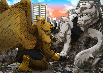 5_fingers abs anthro balls balls_outline beak biceps boxer_briefs brown_body brown_fur building building_destruction bulge car city city_background city_crushing city_destruction claws clothed clothing crush destruction detailed_background detailed_bulge duo erection extreme_size_difference feathered_wings feathers feet finger_claws fingerless_gloves fingers foot_lick footprint fur genital_outline genitals gloves handwear humanoid_genitalia humanoid_penis landscape_dwarfing licking macro macro_anthro male muscular muscular_anthro muscular_male nude open_mouth outside pawpads pawprint paws pecs penile penis penis_outline size_difference sky smile tail toe_claws toes tongue tongue_out underwear vehicle vehicle_destruction white_body white_fur wings tatugon mythology carpo kill_(sergal) avian gryphon mythological_avian mythological_creature sergal hi_res