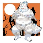 anthro belly big_belly blush clothing costume fur halloween_costume holidays kemono male moobs moon mummy_costume mummy_wrappings navel nipples open_mouth overweight overweight_male solo white_body white_fur yaki_atsuage halloween lifewonders live_a_hero yohack canid canine canis domestic_dog mammal 2024 hi_res