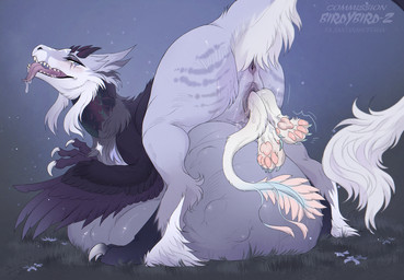 ambiguous_gender ambiguous_prey anus belly big_belly blue_claws blue_eyes blush bodily_fluids claws drooling duo feathers female female_feral female_pred feral fur genitals grass grey_body grey_fur horn huge_belly humanoid_genitalia humanoid_vulva lying narrowed_eyes on_front open_mouth pawpads pink_pawpads plant purple_body purple_feathers purple_horn saliva sharp_teeth tail tail_tuft teeth tongue tongue_out tuft unbirthing vaginal vore vulva white_body white_fur santanahoffman species_request