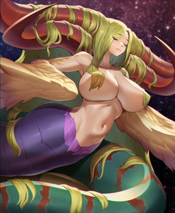 4_horns apode big_breasts blonde_hair breasts cosmic_background eyes_closed feathers female green_body green_scales hair hair_covering_nipples horn huge_breasts legless light_body light_skin monster_girl_(genre) multi_horn navel not_furry nude purple_body purple_scales red_horn scales serpentine solo split_form villainous winged_arms wings yellow_body yellow_feathers niur breath_of_fire capcom myria_(breath_of_fire) draconcopode horned_humanoid humanoid hybrid lamia mammal reptile scalie snake digital_media_(artwork)